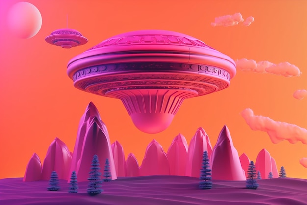 Ein rosa Planet mit einem UFO, das über eine rosa Landschaft fliegt