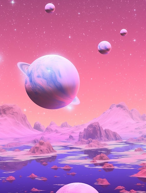 Ein rosa Planet mit Planeten im Hintergrund