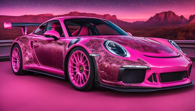 ein rosa Porsche-Sportwagen mit rosa Farbe ist in diesem Bild zu sehen