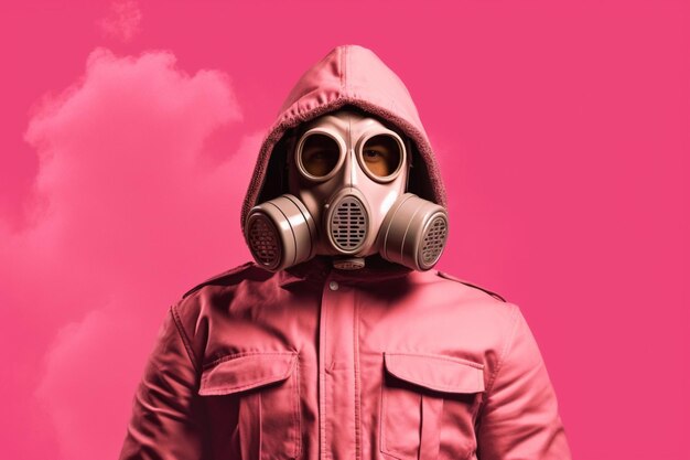 Ein rosa Poster mit einem Mann, der eine Gasmaske trägt