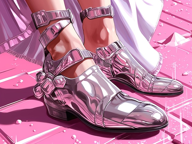 Ein rosa Poster mit einer Person, die ein Paar glänzende Stiefel trägt