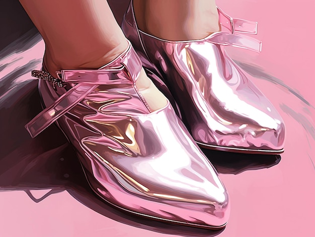 Ein rosa Poster mit einer Person, die ein Paar glänzende Stiefel trägt
