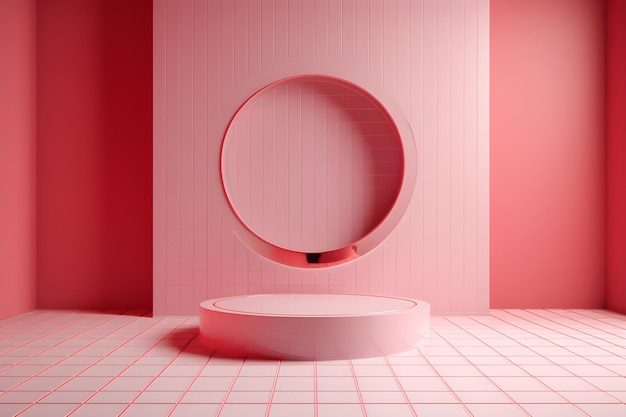 Ein rosa Raum mit einem runden Podium auf dem Boden und einer rosa Wand