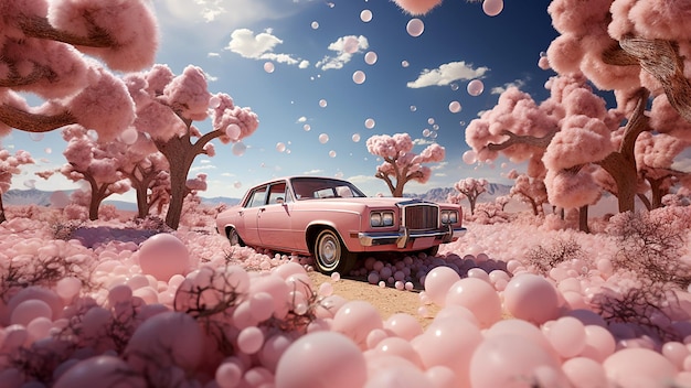 Ein rosa Retro-Auto fährt