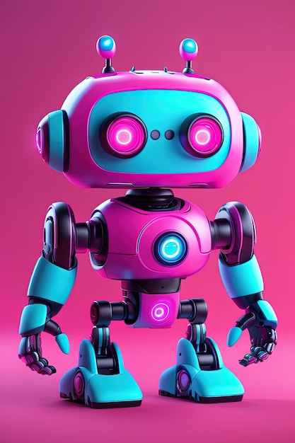 ein rosa Roboter mit einem lila-blauen Gesicht und rosa Augen