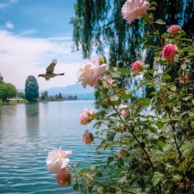 ein rosa Rosenstrauch mit einem Vogel, der am Himmel fliegt.