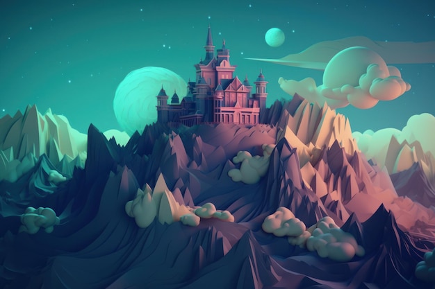 Ein rosa Schloss auf einem Berg mit einem Mond dahinter.