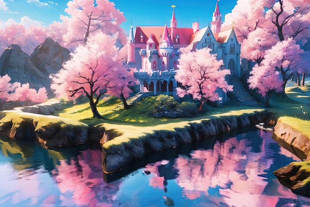 Ein rosa Schloss, rosa Welt, Anime-Wald, Meerwasser, Illustration, generative KI