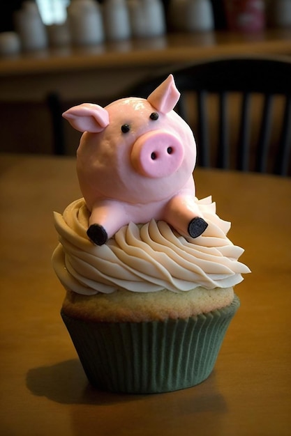 Ein rosa Schwein auf einem Cupcake