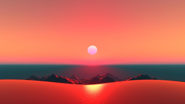 Ein rosa Sonnenuntergang mit einer roten Sonne in der Mitte