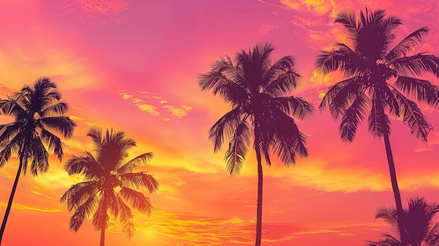 ein rosa Sonnenuntergang mit Palmen im Vordergrund