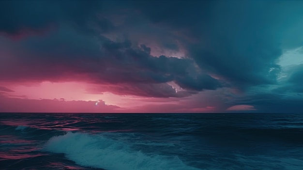 Ein rosa Sonnenuntergang über dem Ozean mit einem lila Himmel und Wolken
