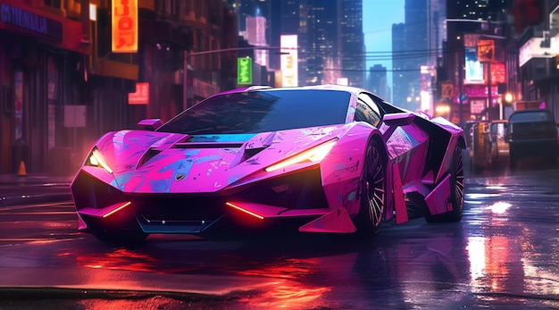 Ein rosa Sportwagen mit dem Wort Lamborghini auf der Vorderseite.