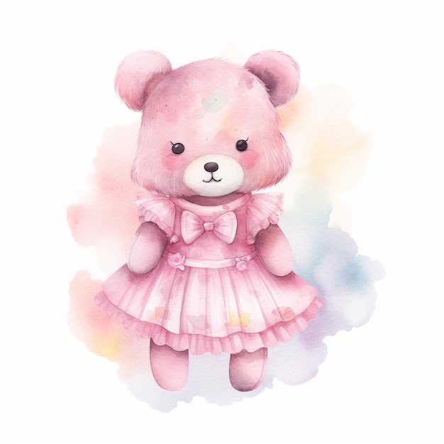 Ein rosa Teddybär in einem rosa Kleid.