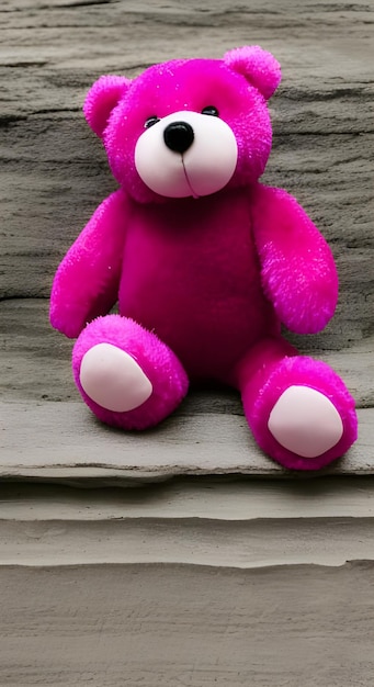 Ein rosa Teddybär sitzt auf einem Steinvorsprung.