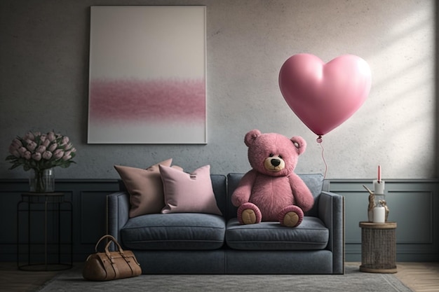 Ein rosa Teddybär sitzt auf einer Couch mit einem herzförmigen Ballon in der Mitte