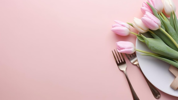 Ein rosa Tisch mit einem Teller mit Blumen und einer Gabel darauf.