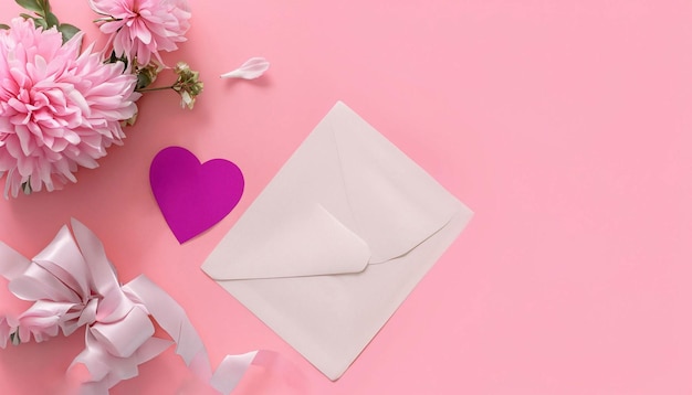Ein rosa Umschlag mit Herz und ein rosa Umschlag auf rosa Hintergrund