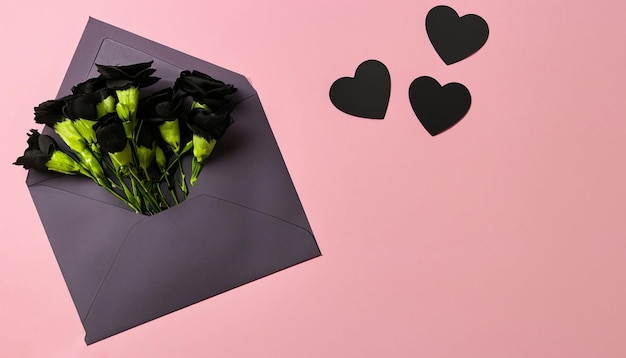 Ein rosa Umschlag mit schwarzen Herzen darauf und ein schwarzer Umschlag mit einem herausgeschnittenen Herzen.