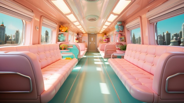 Ein rosa und blau pastellfarbenes Zugwagen mit großen Fenstern und rosa Plüsch-Sitzen
