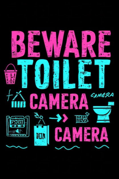 Ein rosa und blaues Poster mit den Worten  ⁇ Beware toilet camera ai ⁇ 
