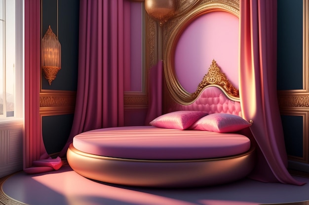 Ein rosa und goldenes Schlafzimmer mit einem großen Bett und einer Lampe.