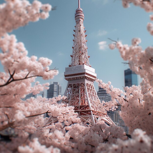 Ein rosa-weißer Turm ist von Bäumen mit rosa Blüten umgeben.