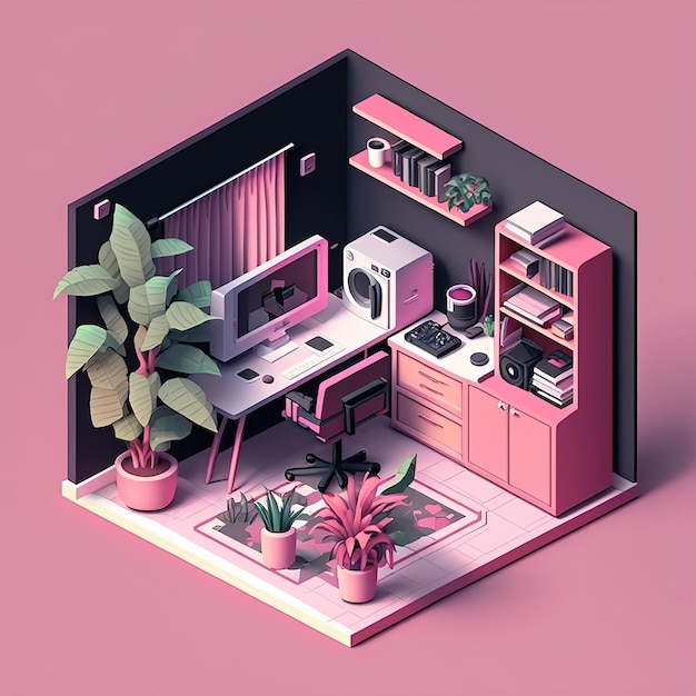 Ein rosa Zimmer mit einem Schreibtisch und einem Computer darauf