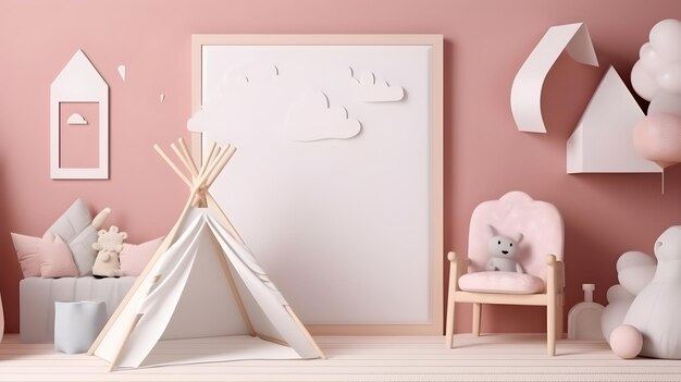 Ein rosa Zimmer mit einem weißen Tipi und einem rosa Hintergrund mit Wolken und einer rosa Wand.