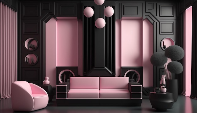 Ein rosa Zimmer mit einer Couch und einem Sofa.