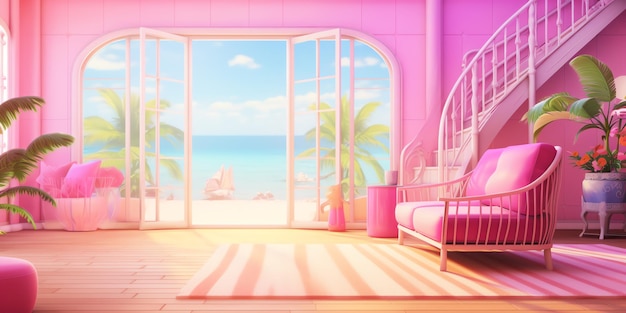 ein rosa Zimmer mit einer Treppe und einer Couch
