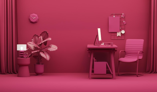 Ein rosa Zimmer mit einer Uhr und einem Schreibtisch mit Stuhl und einem Schreibtisch mit einem Computer und einer Uhr an der Wand.