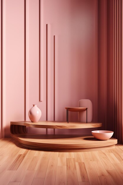 Ein rosa Zimmer mit Holzboden und einer Holzbank mit einer Vase darauf.