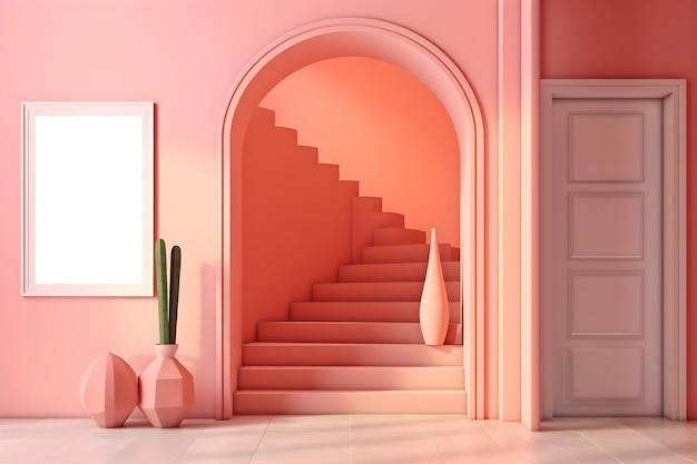 Ein rosa Zimmer mit Treppe und gerahmtem Poster