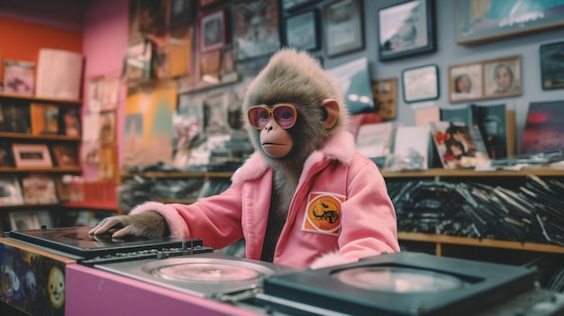 Ein rosafarbener Anzug mit Affen sitzt im Musikvideo-DVD-Shop