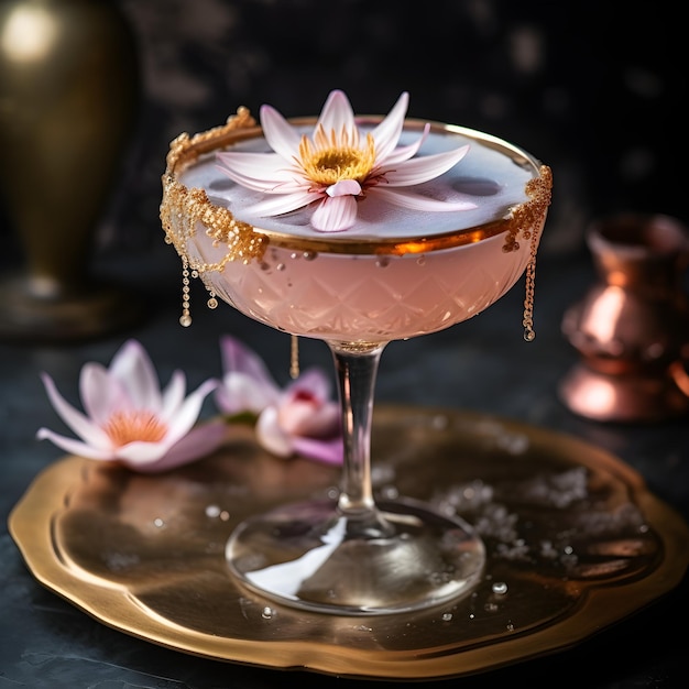 Ein rosafarbener Blumencocktail mit goldenem Rand liegt auf einem goldenen Tablett mit Blumen darauf.