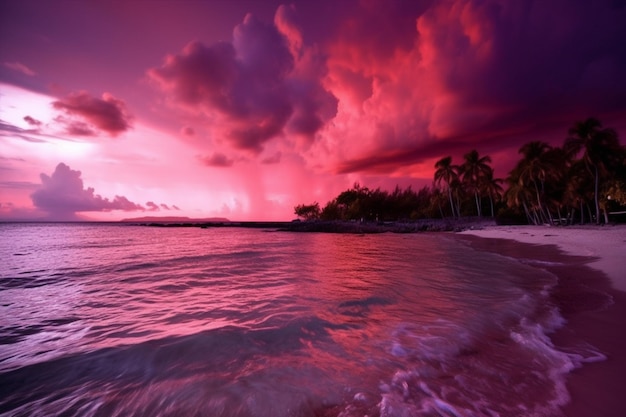 Ein rosafarbener Himmel mit einem violetten und roten Himmel und Palmen im Hintergrund