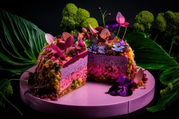 Ein rosafarbener Kuchen mit einem herausgeschnittenen Stück mit einem violetten Hintergrund und einem Blumenstrauß darauf.