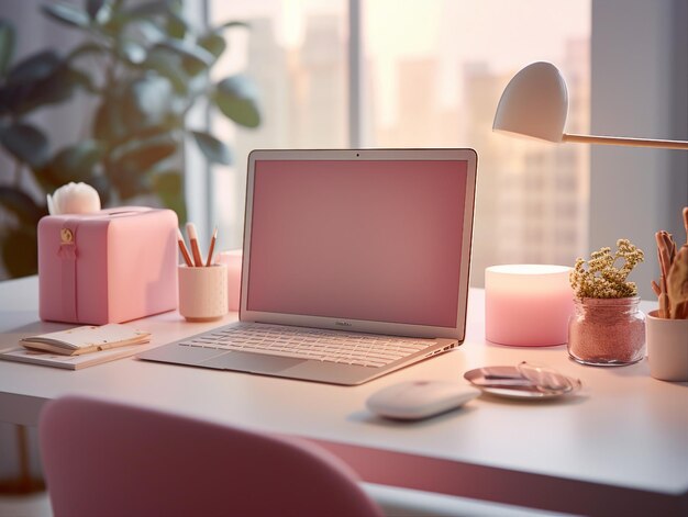 Ein rosafarbener Laptop ist geöffnet und die rosafarbene Schachtel steht auf dem Tisch