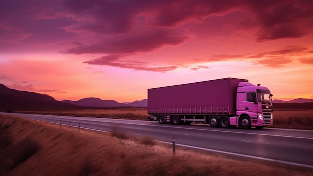 Ein rosafarbener LKW mit der Aufschrift „Truck“ am Straßenrand