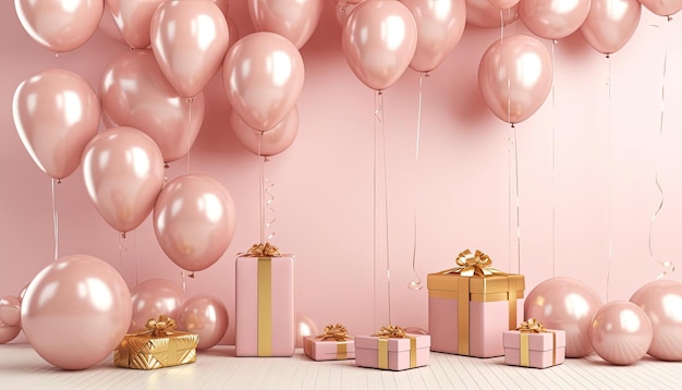 Ein rosafarbener Raum mit goldenen Luftballons und um ihn herum präsentiert sich eine 3D-Darstellung im minimalistischen Stil
