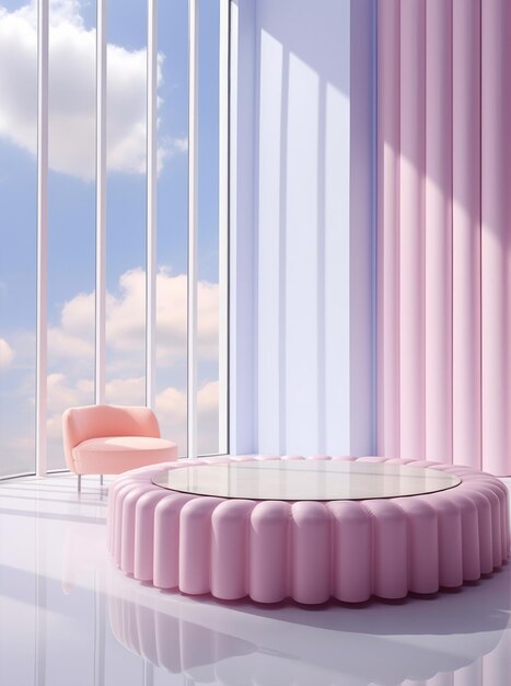 Ein rosafarbener Stuhl in einem Raum mit einem runden Tisch, surrealer minimalistischer Innenarchitektur, Podiumsmodellraum