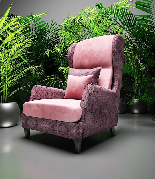 Ein rosafarbener Stuhl mit einem Kissen darauf vor einer Pflanze.