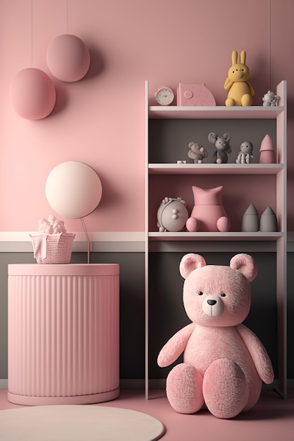 Ein rosafarbener Teddybär sitzt auf einem Regal in einem Raum mit einem Regal, auf dem „Liebe“ steht.