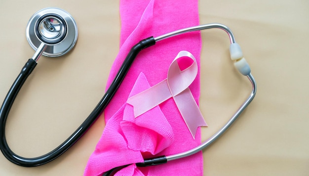 Foto ein rosafarbenes band und ein schwarzes stethoskop auf einem pflaster für die gesundheitsfürsorge – machen sie sich auf den weg zum wohlbefinden
