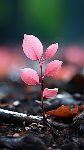 Ein rosafarbenes Blatt taucht inmitten einer verschwommenen grünen Umgebung auf und verkörpert ein ruhiges und zartes Thema. Vertical Mo