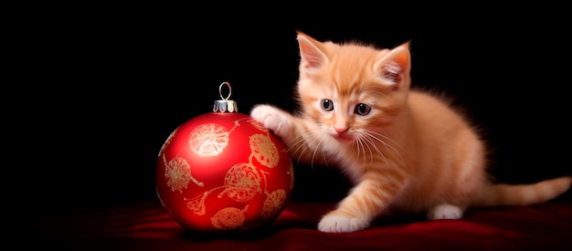 Ein rosafarbenes Kätzchen spielt mit einem Weihnachtsball Kätzchen und einem großen roten Weihnachtenball