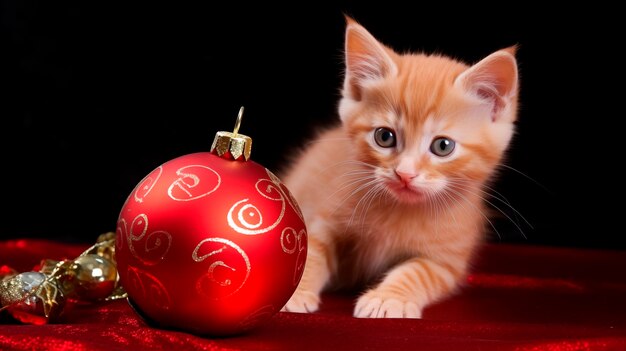 Ein rosafarbenes Kätzchen spielt mit einem Weihnachtsball Kätzchen und einem großen roten Weihnachtenball