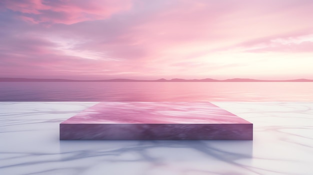 ein rosafarbenes quadratisches Objekt auf einer Oberfläche mit Wasser im Hintergrund