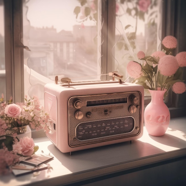 Ein rosafarbenes Radio, das auf einem Fensterbrett sitzt. Generatives KI-Bild